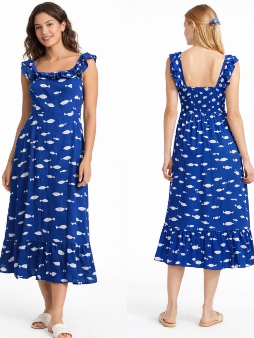 Kate Spade Graphic Fish Ruffle Midi Dress size large